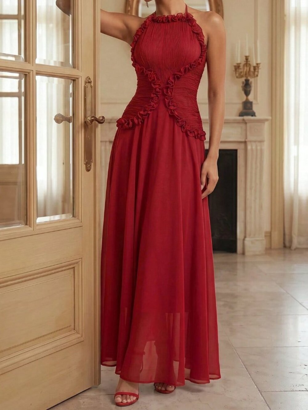 Red Elegant Women's Spaghetti Strap Ruched Waist Flounce Hem Maxi Dress - Picture 4 of 8